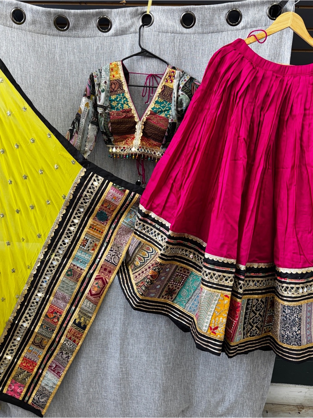 Fuchsia Embroidered Circle Lehenga with Contrasting Yellow Dupatta